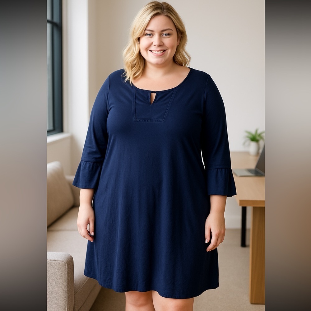 Naif Women's Plus Size 3X  Dress  Knee Length Round Neck 3/4 Sleeves Blue